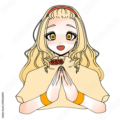Cute anime girl praying with clasped hands and flower eyes