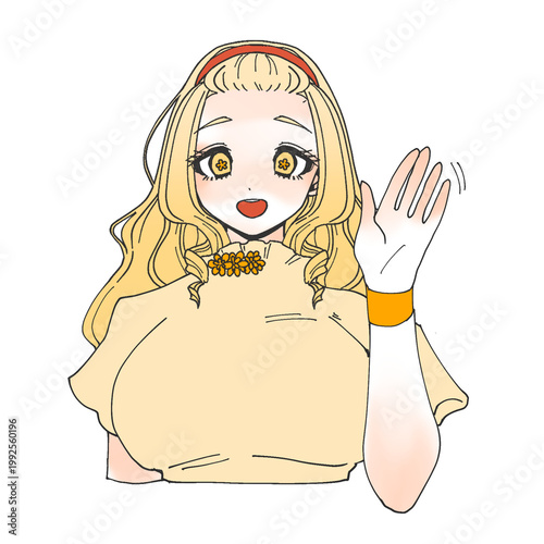 Cute anime girl waving hello on black background