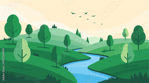Nature landscape, green hills, serene river, trees, sunny sky