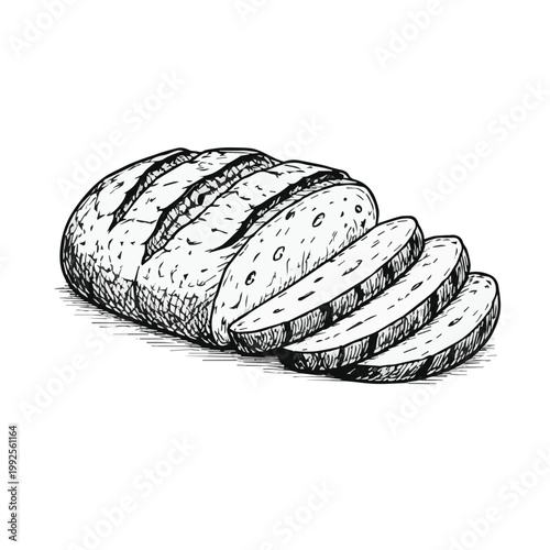A minimalist vector art of whole wheat bread with several slices, designed in black and white tones, focusing on clean lines and a simple, appealing food concept.