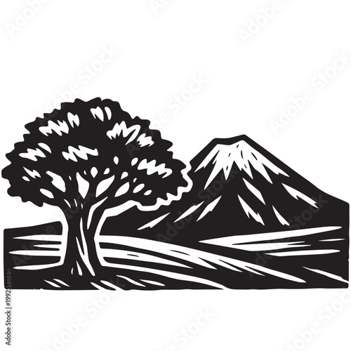 A minimalist vector illustration featuring a mountain view with a shady tree, designed in black and white tones with simple lines for a peaceful and elegant landscape look.
