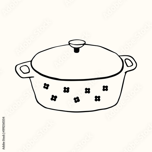 This hand drawn cooking pot features a charming floral pattern and a classic lid design. The minimalist black and white vector illustration is perfect for rustic kitchen decor and culinary projects
