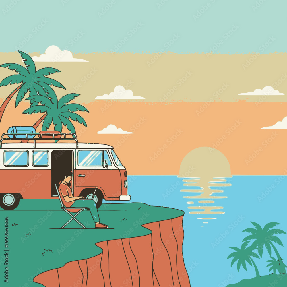 Obraz premium Man sitting in a camping chair next to a vintage camper van parked on a cliff overlooking the ocean at sunset.