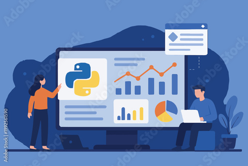 Vector art of business progress concept with data charts, a woman presenting insights while a man operates a laptop, illustrating teamwork, analysis, and growth strategy.