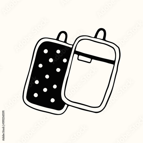 A pair of hand drawn kitchen potholders is shown with a playful polka dot pattern and hanging loops. This clean vector graphic is ideal for textile design themes and home safety instructional content