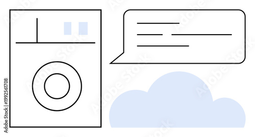 Smart homes, IoT, home automation, cloud services, appliance control, modern laundry solutions. Abstract washing machine, cloud and speech bubble. Smart homes and IoT connectivity concept