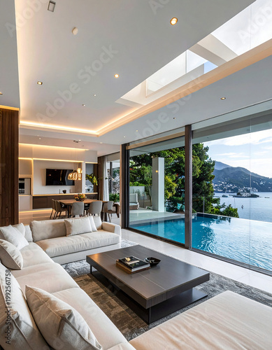 Elegant Open Space Living Room Design Swiming Pool View