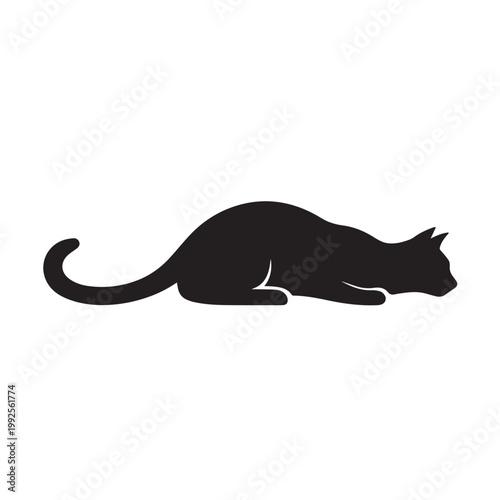 Vector silhouette depicting a cat crouching and observing in silence, highlighting a soft gesture of alertness, curiosity, and a calm, attentive and focused mood.