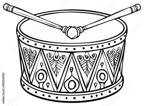 Stylized Line Art: Drum with Drumsticks Resting Atop, Decorated with Geometric Design, Ready to Color