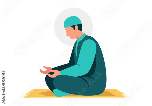 A solemn illustration of a man engaged in a moment of spiritual devotion and prayer, sitting peacefully on a mat, representing faith and contemplation