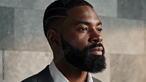 Tailored formal portrait of short hairstyles for guys with beards, braided top with shaved line accents and powerful full beard, refined suit styling, executive masculine presence against stone