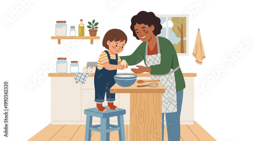 Mother and child in the kitchen, teaching the child to cook, sharing happy family moments while preparing food together