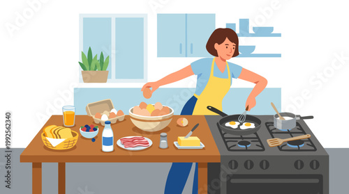 Woman preparing a wholesome breakfast in a bright kitchen, cracking eggs and cooking on the stove, with fresh ingredients laid out for a nutritious morning meal