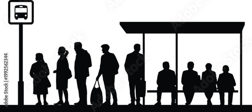 Bus stop people silhouette illustration, children and adults waiting for public transport in urban setting isolated on white background.