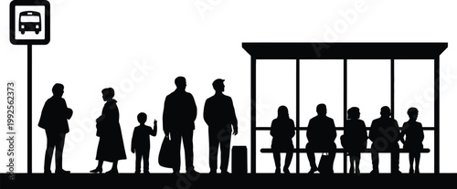 Bus stop crowd silhouette illustration, children and adults waiting for public transport in urban setting isolated on white background.