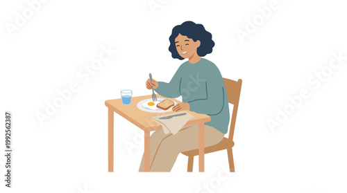 Content young woman savoring a healthy and delicious breakfast with a fried egg and toast at a wooden table, illustrating a peaceful morning routine and mindful eating habits
