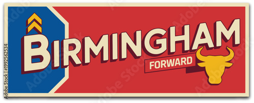 Birmingham UK vintage travel poster illustration, retro tin plaque sticker with British flag for tourism, vacation, and souvenir postcard design.