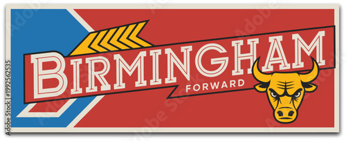 Birmingham West Midlands travel sticker illustration, vintage UK tin plaque with British flag for tourism and souvenir postcard design.