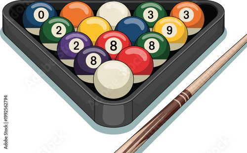 Billiard balls rack illustration, colorful pool setup with cue stick on light background ready for game of snooker or billiards.