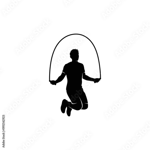 Silhouette of a person jumping rope, cardio exercise, fitness activity, black on white background