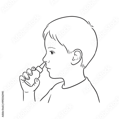 Young boy applying nasal spray for cold and allergy relief concept in a simple line art medical illustration