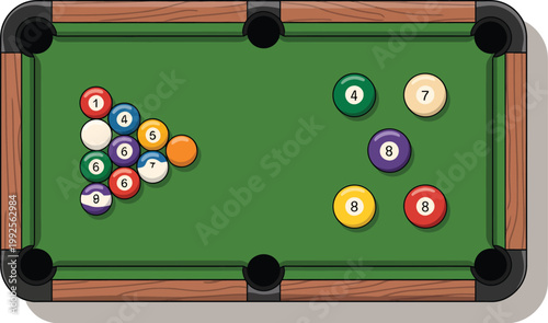 Billiard table illustration, colorful balls scattered on green felt surface for pool or snooker recreation and sports design.