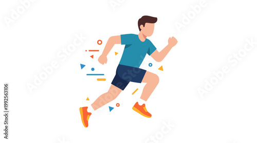 Vibrant flat vector illustration of an energetic male runner in motion, symbolizing health, fitness, and a dynamic active lifestyle for personal growth and achievement