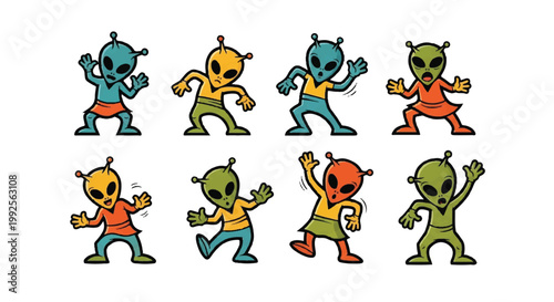 Cartoon aliens dancing in various colors on white background
