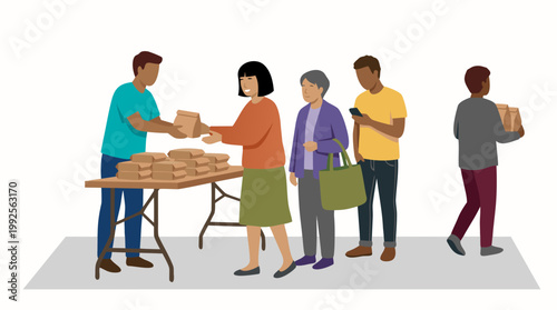 Community outreach and food distribution event, with volunteers handing out meals to people in need