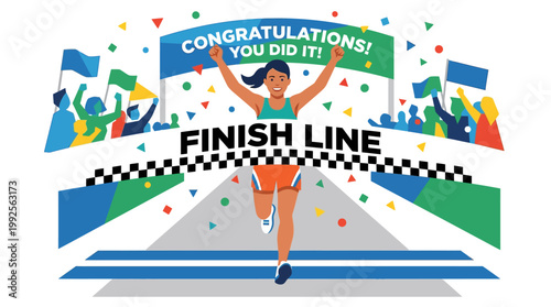 Celebrating a triumphant finish line moment with a smiling runner crossing the checkered tape amidst confetti and cheering crowds, symbolizing achievement and success
