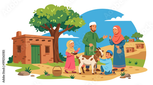 Islamic Eid al-Adha festival celebrated by a Muslim family with a goat in a village setting with a traditional house and trees, depicting a joyous cultural tradition and community gathering