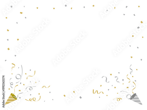 Gold and silver popper burst illustration with streamer and paper pieces on white background