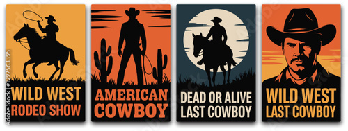 Cowboy western poster illustration set, rodeo lone riders moonlit cliffs and gunslingers in bold silhouette vintage design.