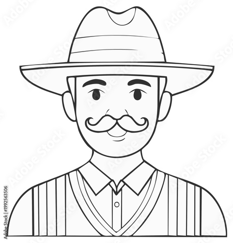 A simple line art illustration of a smiling man with a large mustache and a hat for a coloring book