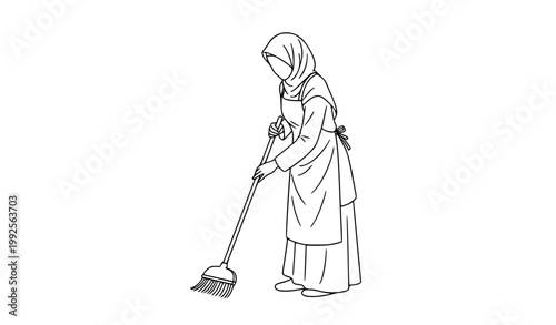 SEO Title:
Muslim Woman Sweeping Floor Line Art Hijab House Cleaning Illustration Vector