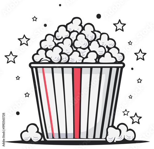 Retro Bucket of Popcorn with Stars; Vector Snack for Movie Night