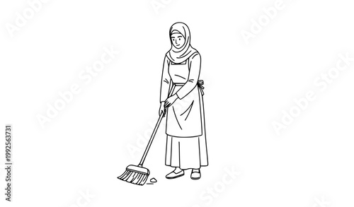 SEO Title:
Muslim Woman Sweeping Floor Line Art Hijab House Cleaning Illustration Vector