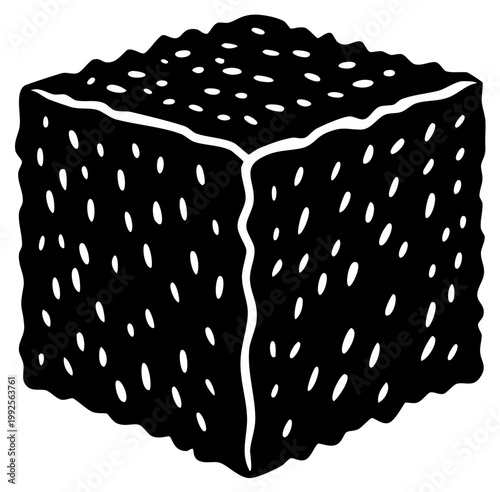 Stylized black cube icon with bumpy texture and white speckled pattern graphic design