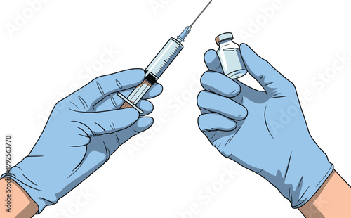 Medical syringe illustration, healthcare hands preparing vaccine injection for intramuscular use in immunization and clinical procedure concept design.