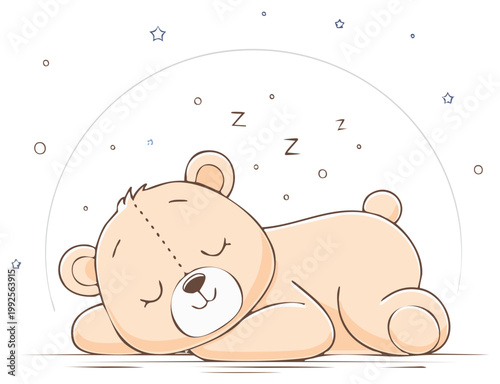 Adorable slumbering teddy bear character with Zzzs and stars sweet dreams concept for nursery