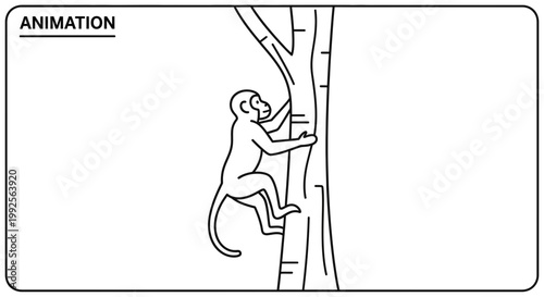 Animation of a monkey climbing a tree, simple line drawing, black and white, cartoon style