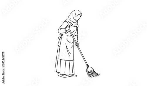 SEO Title:
Hijab Woman Cleaning Floor with Broom Minimal Line Drawing Household Activity Vector
