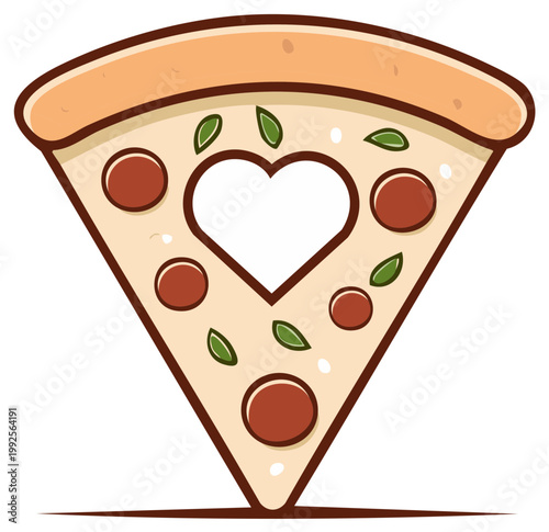 Heart Shaped Slice of Pizza with Pepperoni and Basil Illustration