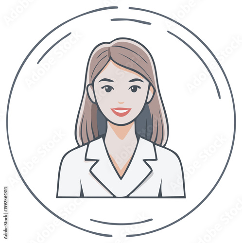 Illustration of a smiling woman in a lab coat, inside a circular frame