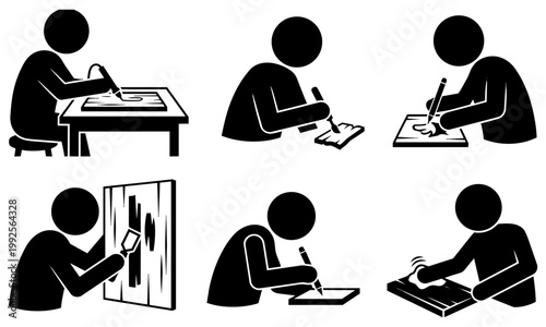 Black silhouettes of people drawing and writing in various positions and on different surfaces with various tools