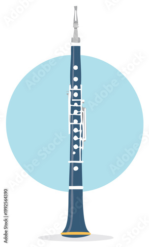 Artwork of a clarinet with keys against blue circle music illustration