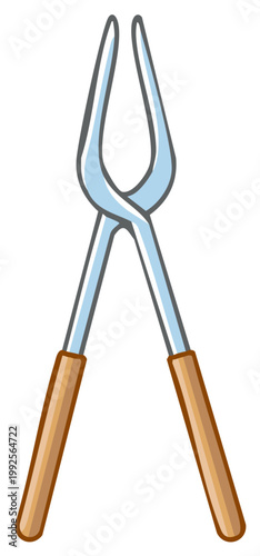 Metal crucible tongs with brown wooden handles, used as laboratory equipment for experiments.