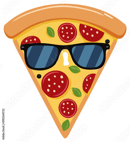 Pizza slice with pepperoni, basil, and sunglasses in cartoon style; food concept illustration