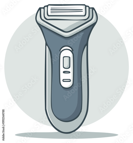 Graphic illustration of a sleek blue and gray electric razor for daily personal care and grooming