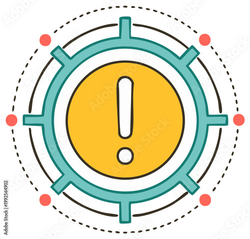 Warning signal with an exclamation mark, circled with dashed lines and adorned with coral dots, presenting risk and hazard